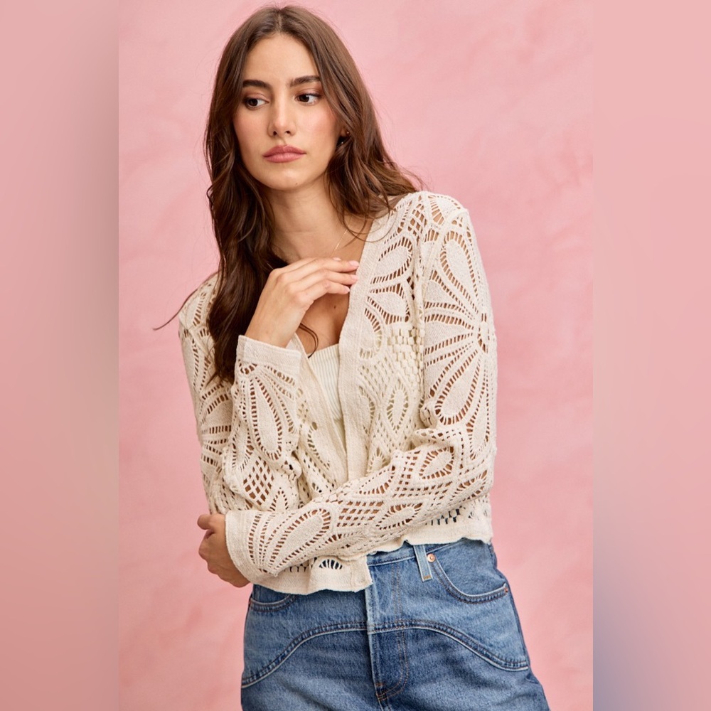SO ME Crochet Knit Long Sleeves Cardigan Sweater